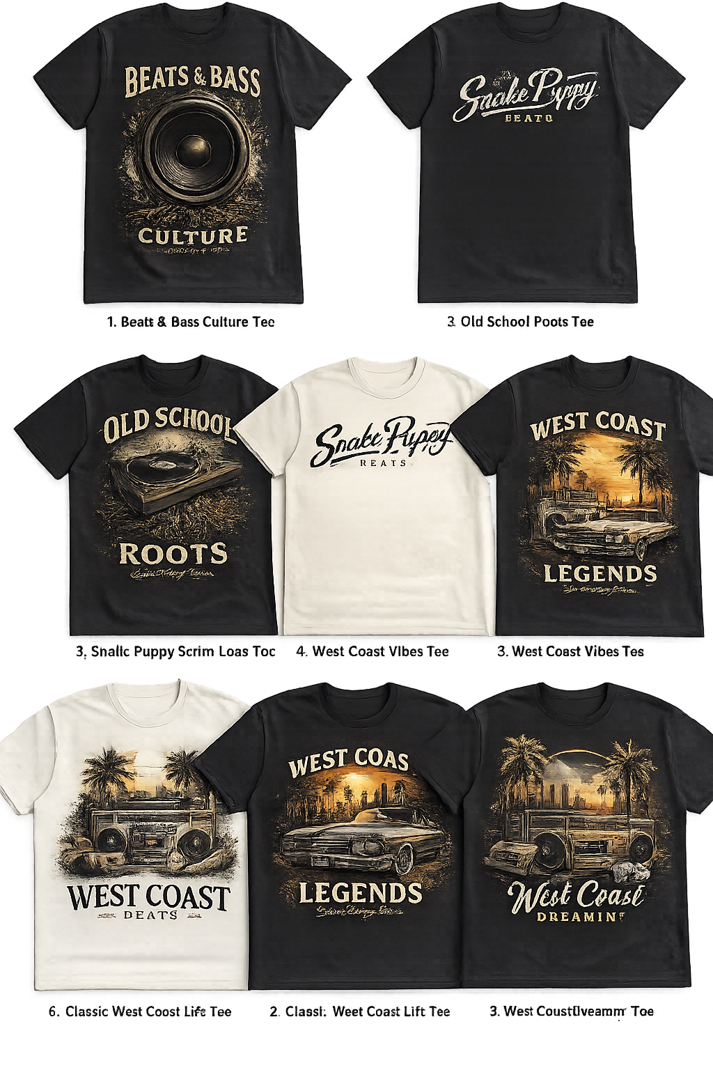 Snake Puppy T's collection lookbook showing black and cream West Coast graphic T-shirts
